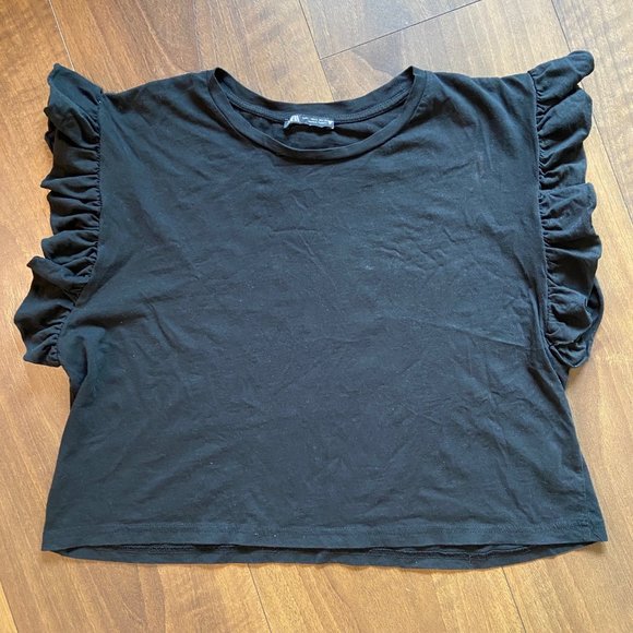 Zara Black Ruffle Crop Tee - Size L - Picture 1 of 4